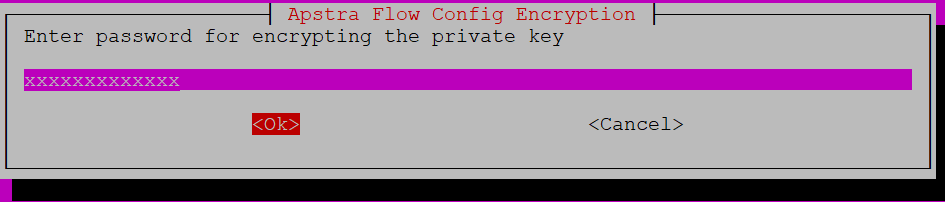 Dialog box titled Apstra Flow Config Encryption prompting to enter password for encrypting private key with Ok and Cancel options.