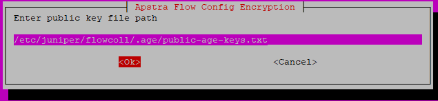 Configuration dialog box for Apstra Flow Config Encryption, prompting for public key file path. File path entered: /etc/juniper/flowcoll/.age/public-age-keys.txt. OK button highlighted.