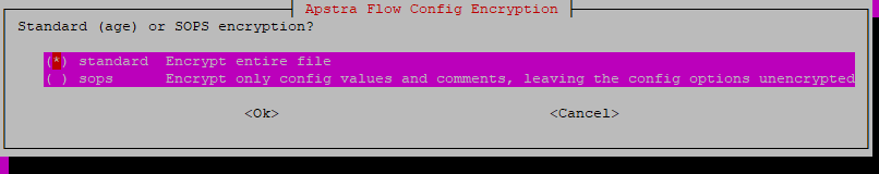 Configuration dialog for Apstra Flow Config Encryption with Standard option selected. Options include Standard to encrypt entire file and SOPS to encrypt values and comments. OK and Cancel buttons available.