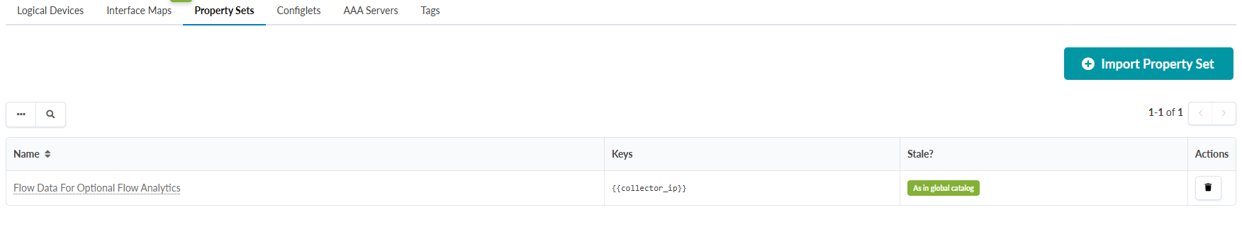 User interface for managing Property Sets with tabs, table, search bar, and Import Property Set button. Table includes Flow Data For Optional Flow Analytics entry with collector_ip key and green label As in global catalog.