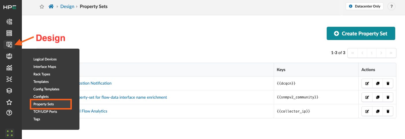 HPE application interface showing Design section with Property Sets menu highlighted, listing property sets by name, key, and actions like edit and delete. Create Property Set button visible.