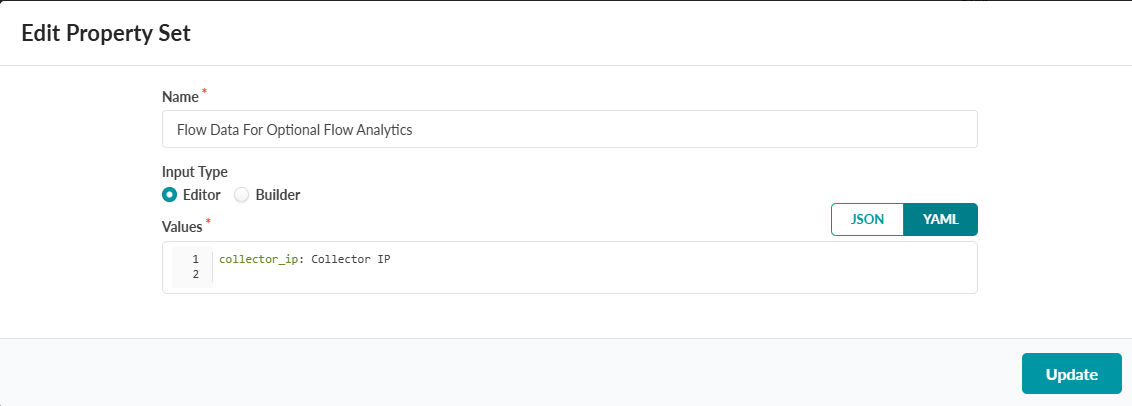Edit Property Set interface with fields to configure Name, Input Type, Values, and Format. YAML selected. Update button at the bottom.