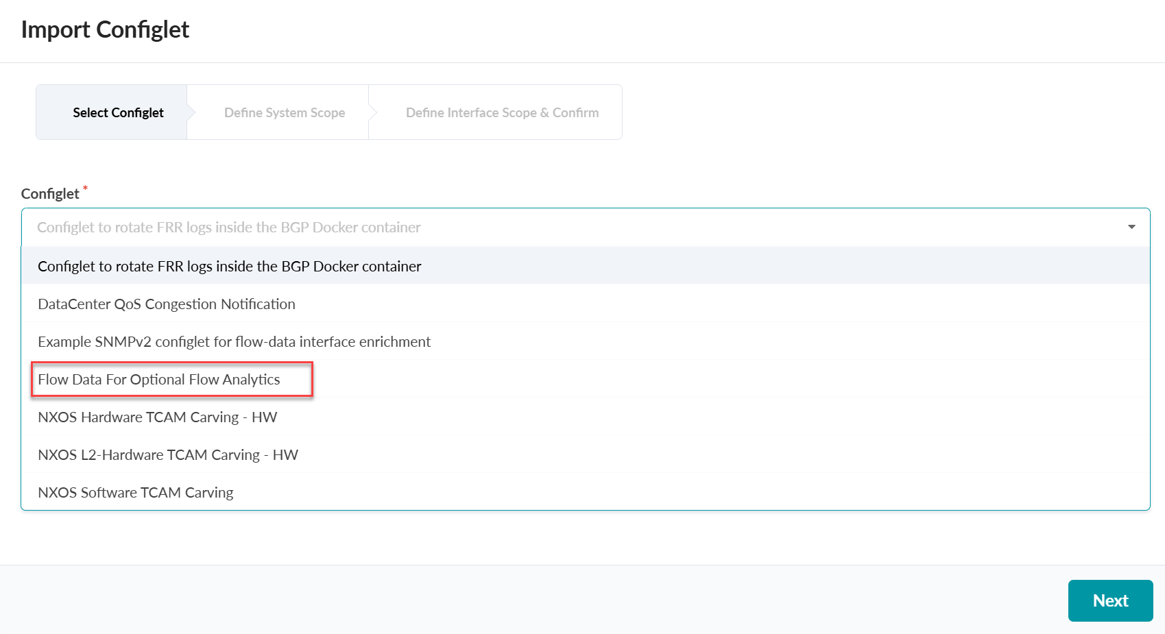 User interface for importing a Configlet, current step is Select Configlet. Dropdown menu lists options, with Flow Data For Optional Flow Analytics highlighted in red. Next button is at the bottom right.