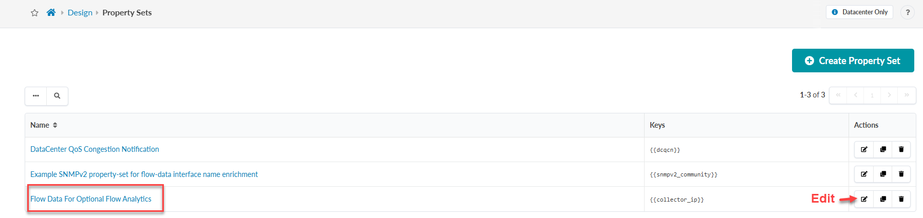 User interface for managing Property Sets with breadcrumb Design > Property Sets, a table listing names, keys, actions, a highlighted row for Flow Data For Optional Flow Analytics with Edit marked, a Create Property Set button, and pagination controls.