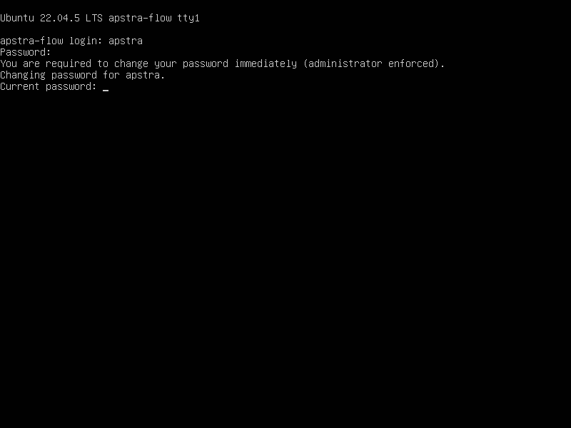 Terminal screen showing Ubuntu 22.04.5 LTS login session for user apstra with password change required message and prompt for current password.