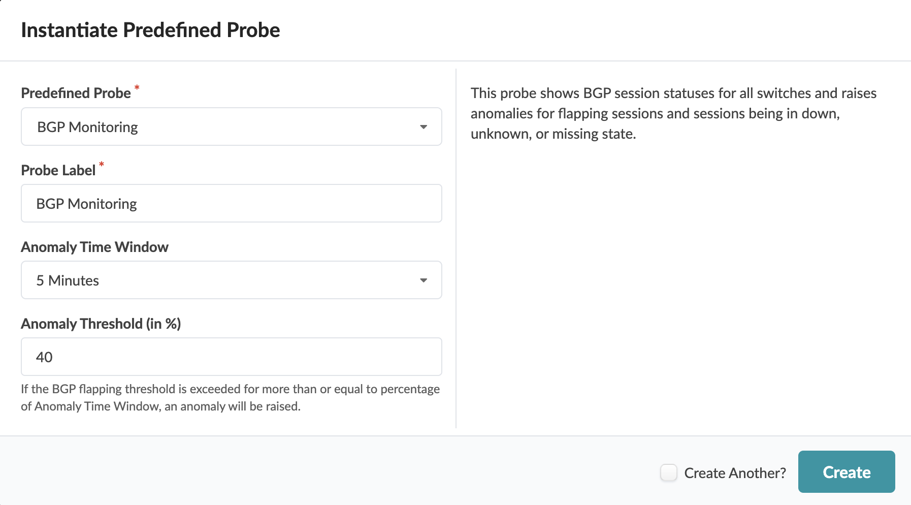 Configuring BGP Monitoring probe; fields include probe label, anomaly time window 5 minutes, anomaly threshold 40 percent. Options to create another and finalize configuration.