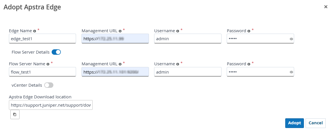Configuration interface for adopting an Apstra Edge with fields for Edge Name, Management URL, Username, Password, Flow Server Details, and Apstra Edge Download Location. Adopt and Cancel buttons at the bottom.
