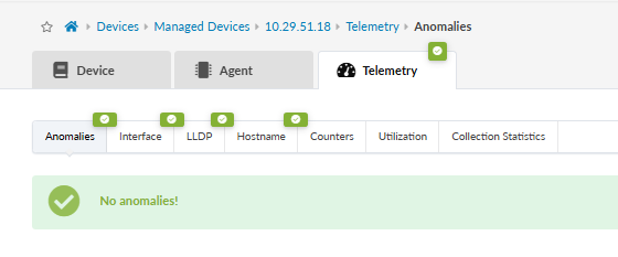Telemetry interface for device IP 10.29.51.18. Anomalies tab shows no anomalies detected. Tabs: Interface, LLDP, Hostname, Counters, Utilization, Collection Statistics.