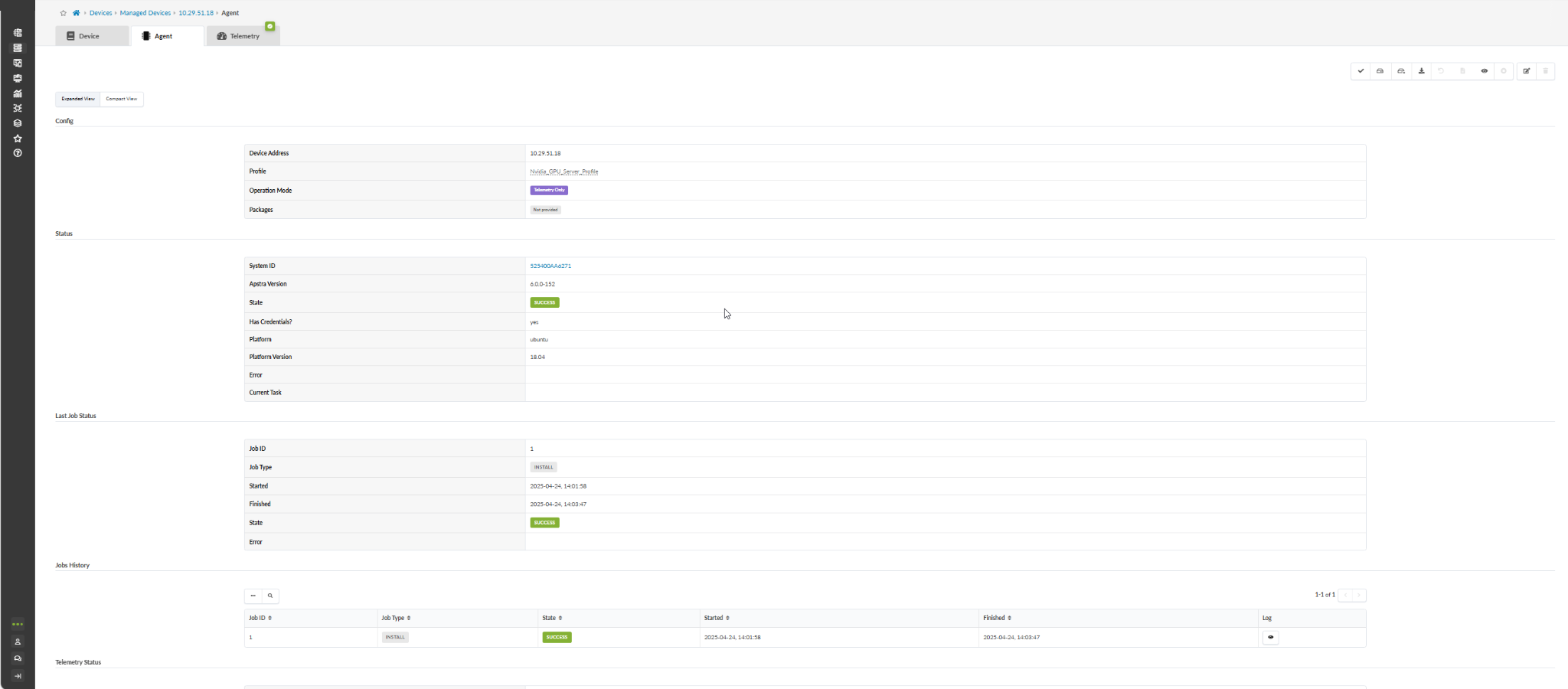 Web interface screenshot showing device configuration with tabs for Device, Agent, and Telemetry. Displays device address 10.29.51.18, profile Nvidia GPU Server_Profile, operation mode Telemetry Only, and status info like System ID 525400AA0271, Aptron Version 4.00.152, state SUCCESS, and platform ubuntu 18.04. Includes job history with Job ID 1 and state SUCCESS.