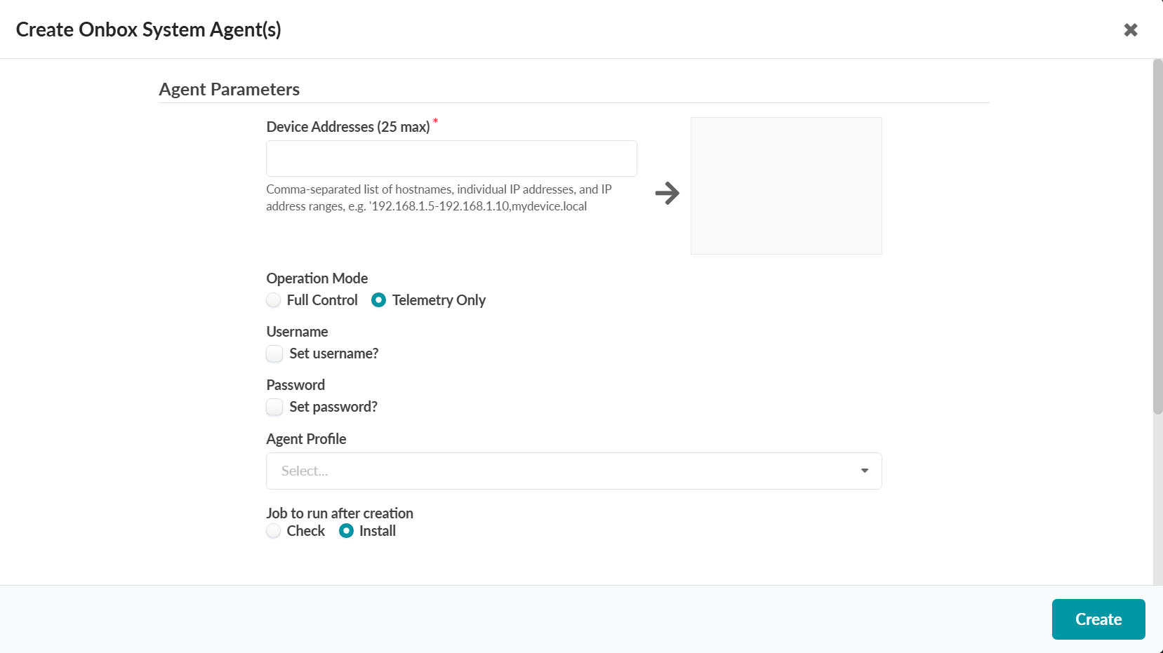User interface for creating Onbox System Agents with fields for Device Addresses, Operation Mode (Telemetry Only selected), Username, Password, Agent Profile, Job to run after creation (Install selected), and a Create button.