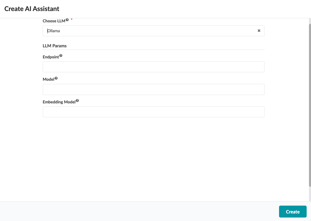 User interface for configuring an AI assistant with fields to select a language model, specify endpoint URL, model, embedding model, and a Create button to finalize setup.