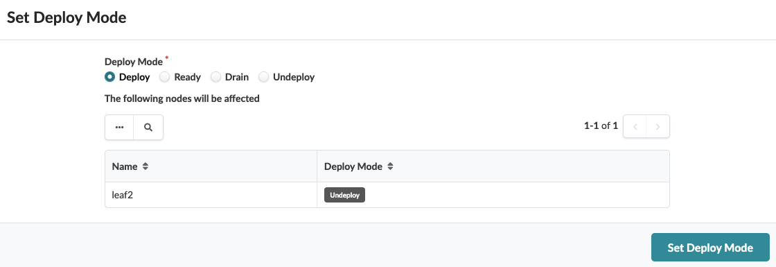 User interface for setting Deploy Mode. Deploy option selected. Node list shows leaf2 with mode Undeploy. Pagination indicates page 1 of 1. Teal Set Deploy Mode button at bottom right.