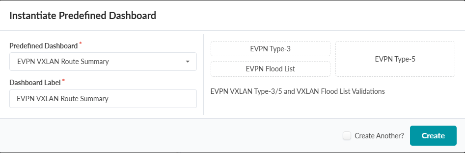 User interface for instantiating a predefined dashboard with dropdown set to EVPN VXLAN Route Summary, text field labeled EVPN VXLAN Route Summary, options for EVPN Type-3, EVPN Type-5, EVPN Flood List, description EVPN VXLAN Type-3/5 and VXLAN Flood List Validations, checkbox for Create Another, and Create button to finalize.