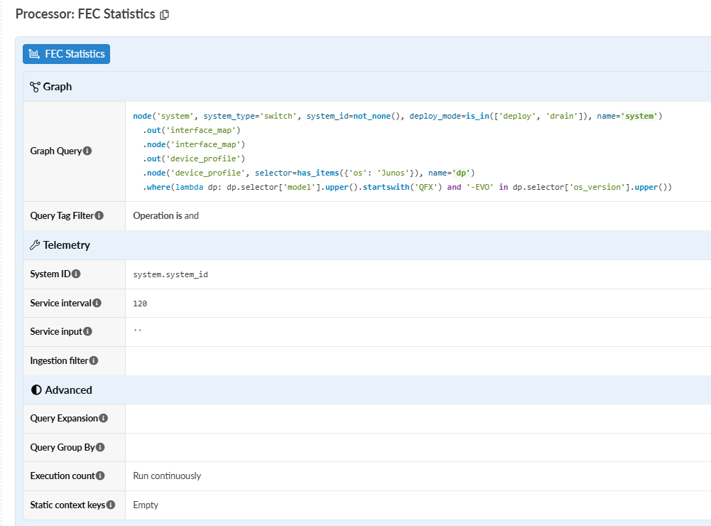 FEC Statistics interface for configuring network systems with sections for Graph, Telemetry, and Advanced settings. Includes query language, telemetry parameters, and execution options.