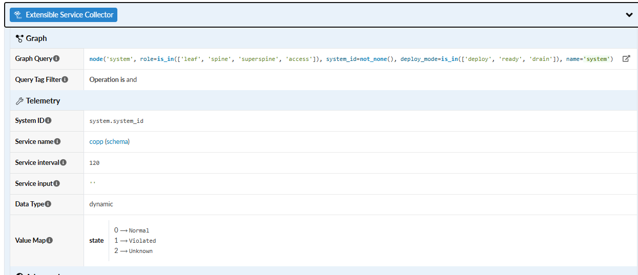 User interface for Extensible Service Collector with two sections: Graph filters nodes by roles, system IDs, deployment modes, and name; Telemetry shows system ID, service name copp, interval 120, input dynamic, and state values mapped to Normal, Violated, Unknown.