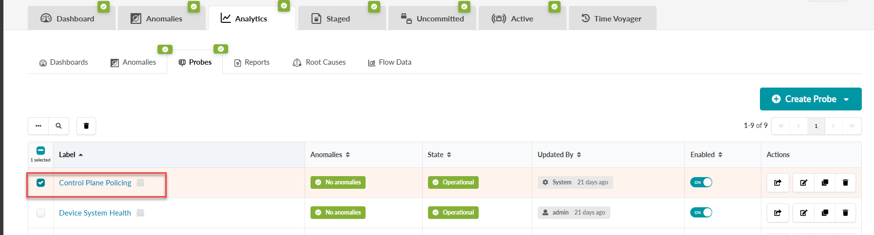 Monitoring tool interface showing tabs like Dashboard, Anomalies, Analytics, and Time Voyager. Probes section selected with rows listing probe details such as label, anomalies, operational state, last updated info, enabled toggle, and action buttons. Create Probe button visible.