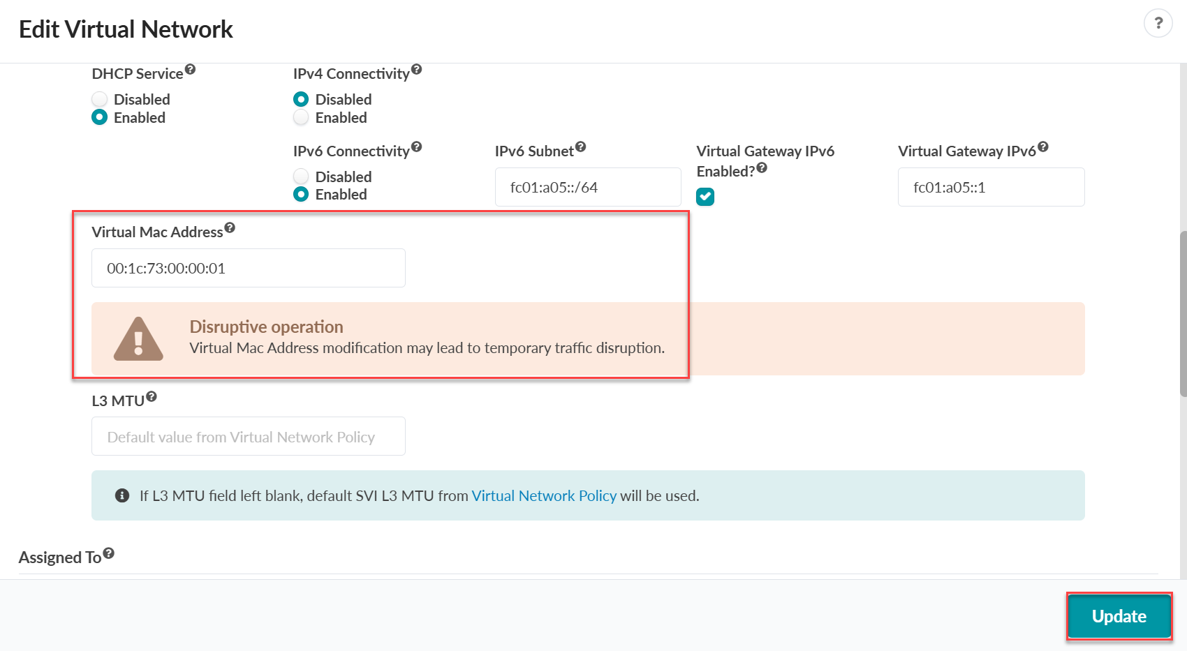 Configuration interface to edit virtual network with options for enabling DHCP, IPv4, IPv6 connectivity, and fields for IPv6 subnet, gateway, MAC address, and L3 MTU. Warning on MAC address change. Update button included.