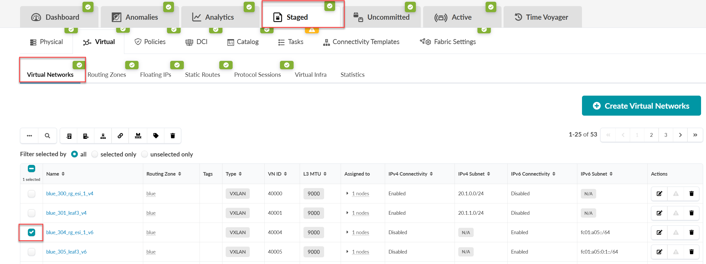 User interface for managing virtual networks, showing tabs for navigation, a selected Virtual Networks tab, a table listing network details like name, type, and routing zone, a Create Virtual Networks button, filters for selection, and pagination controls.