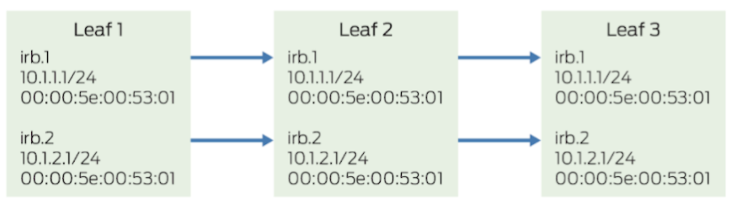 Network topology with Leaf 1, Leaf 2, and Leaf 3, each having interfaces irb.1 and irb.2, sharing IP 10.1.1.1/24 and 10.1.2.1/24, and MAC 00:00:5e:00:53:01.