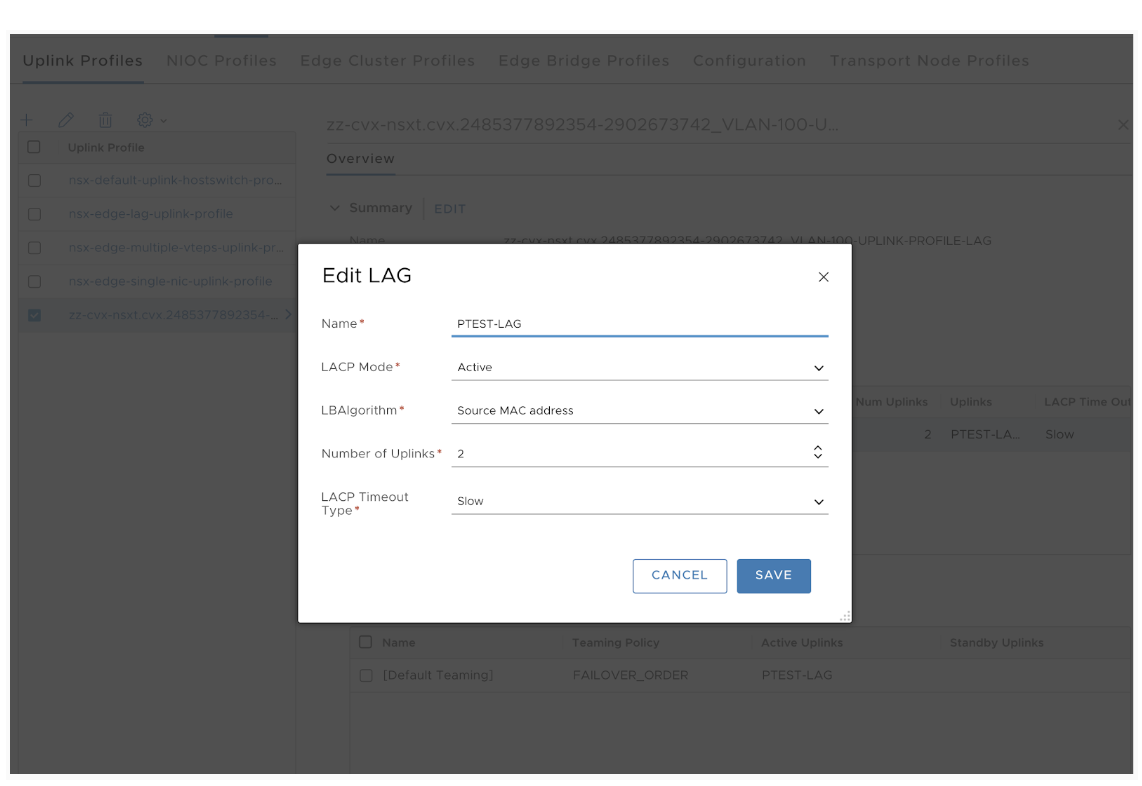Configuration interface for editing a Link Aggregation Group in network management system. LAG name is PTEST-LAG, LACP mode is Active, Load Balancing Algorithm is Source MAC address, 2 uplinks, LACP Timeout Type is Slow. Options to Cancel or Save changes.