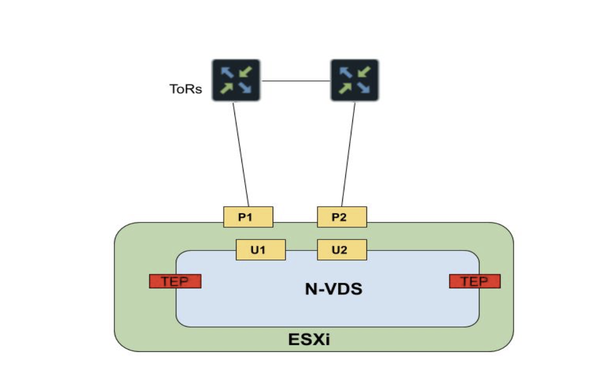 Diagram of a network setup with VMware NSX-T, showing ToR switches, P1 and P2 ports, U1 and U2 uplinks, N-VDS, TEP, and ESXi hypervisor.