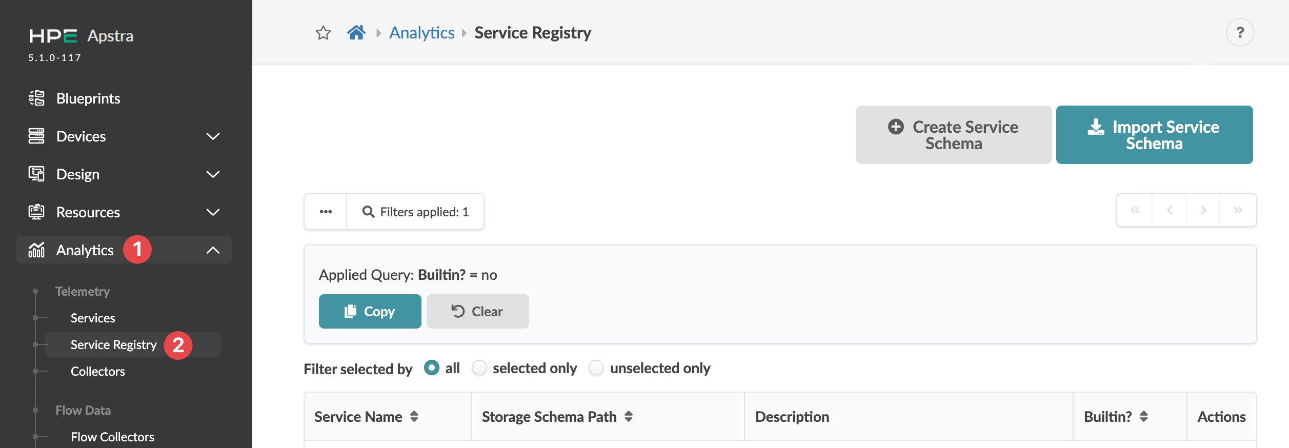 Juniper Apstra 5.1.0-117 interface showing Service Registry under Analytics with options to Create or Import Service Schema and a filter query Builtin equals no.