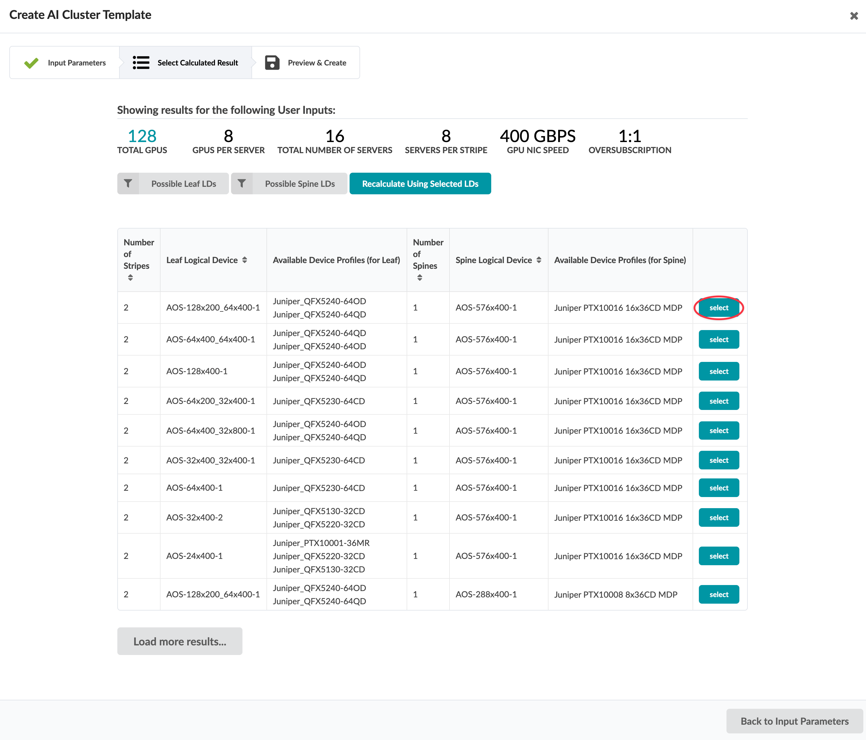 Create AI Cluster Template interface showing step 2 highlighted with user inputs summary and table of stripe configurations. Includes buttons for recalculating, loading more results, and returning to previous step.
