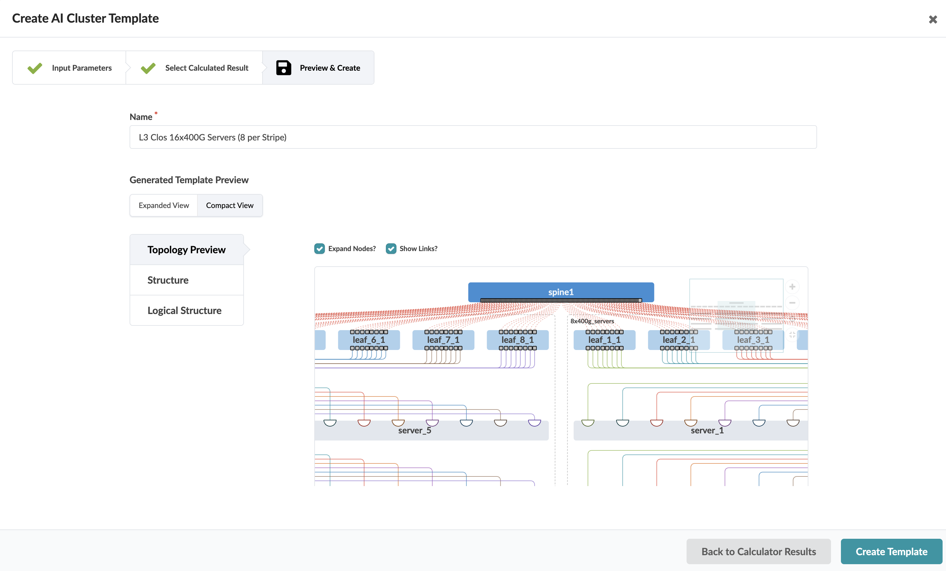 User interface for creating AI cluster template. Current step: Preview & Create. Template name: L3 Clos 16x400G Servers 8 per Stripe. Topology Preview shows nodes spine1, leaf_6_1, leaf_7_1 with connections. Options for Expanded View, Compact View, Expand Nodes, and Show Links are checked. Navigation buttons: Back to Calculator Results and Create Template.