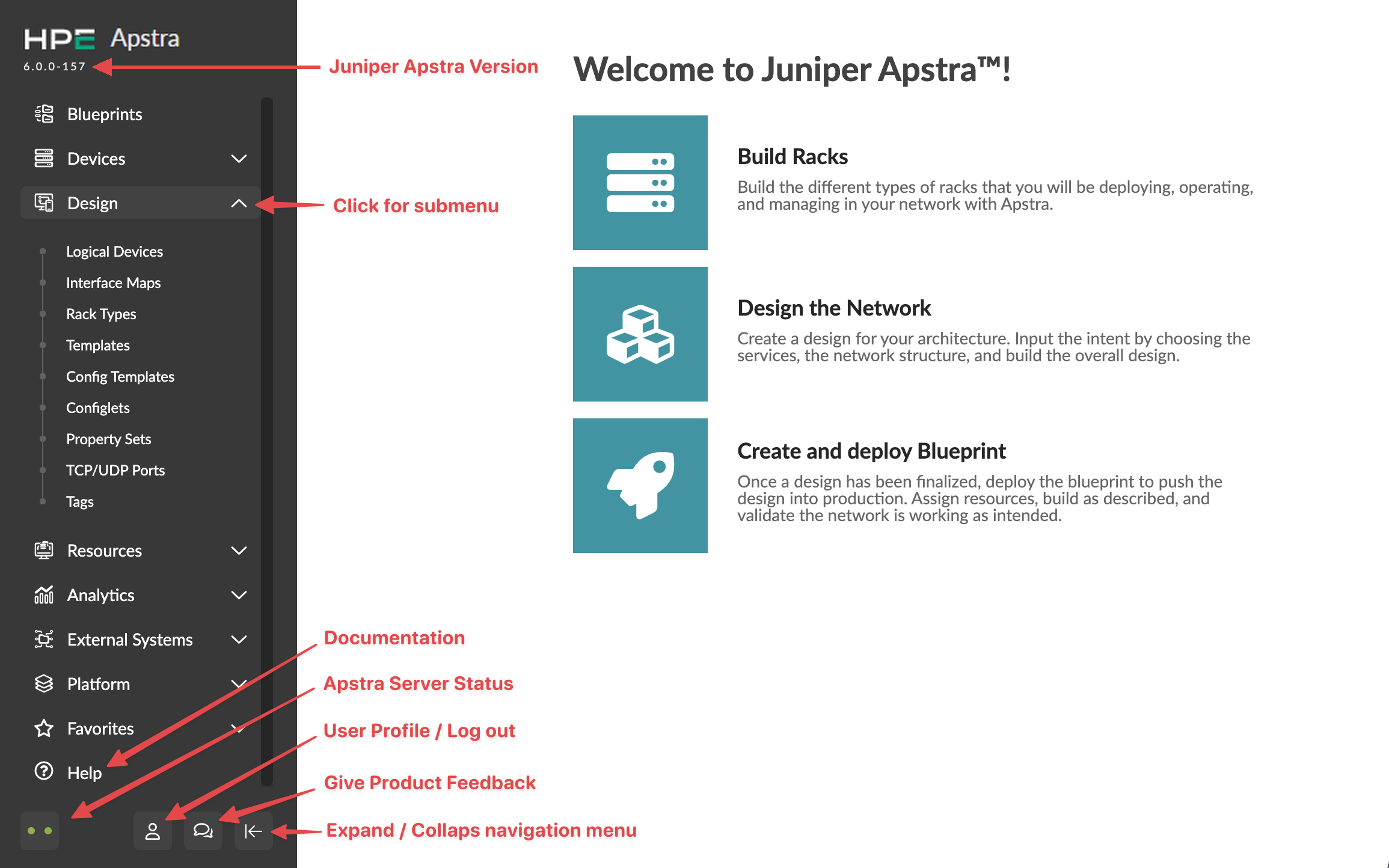 Juniper Apstra dashboard screenshot showing navigation menu with options like Blueprints and Devices, and main content with Build Racks, Design the Network, Create and Deploy Blueprint features.