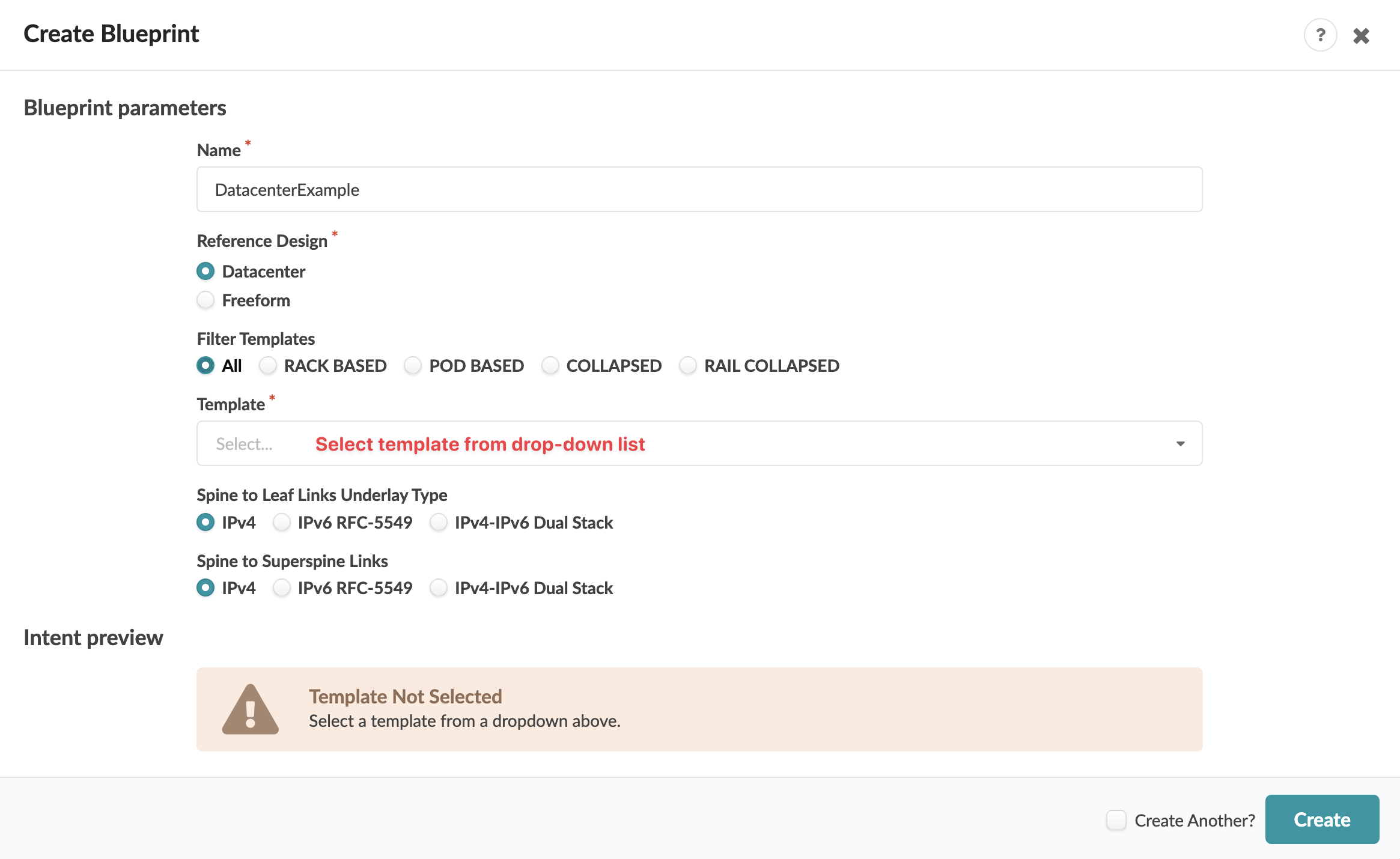 User interface for creating a network blueprint with fields for name, reference design, filter templates, template selection, spine to leaf links underlay type, spine to superspine links, intent preview warning for missing template, and action buttons to create the blueprint.