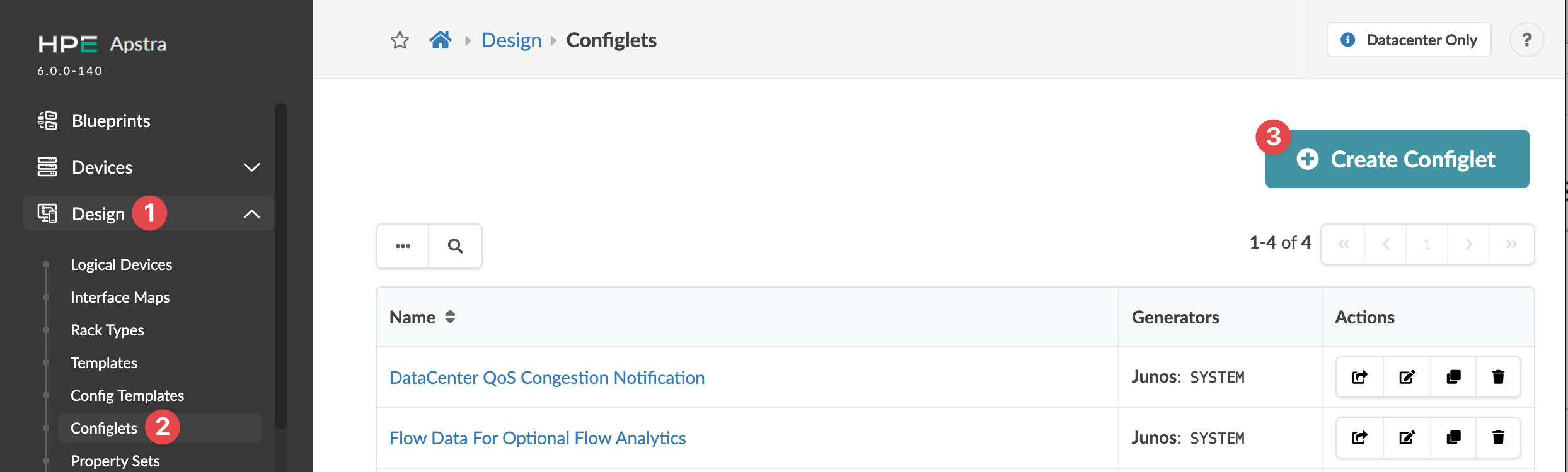 Juniper Apstra Configlets section showing a list of configlets under Design menu, with options to create, edit, duplicate, or delete configlets.