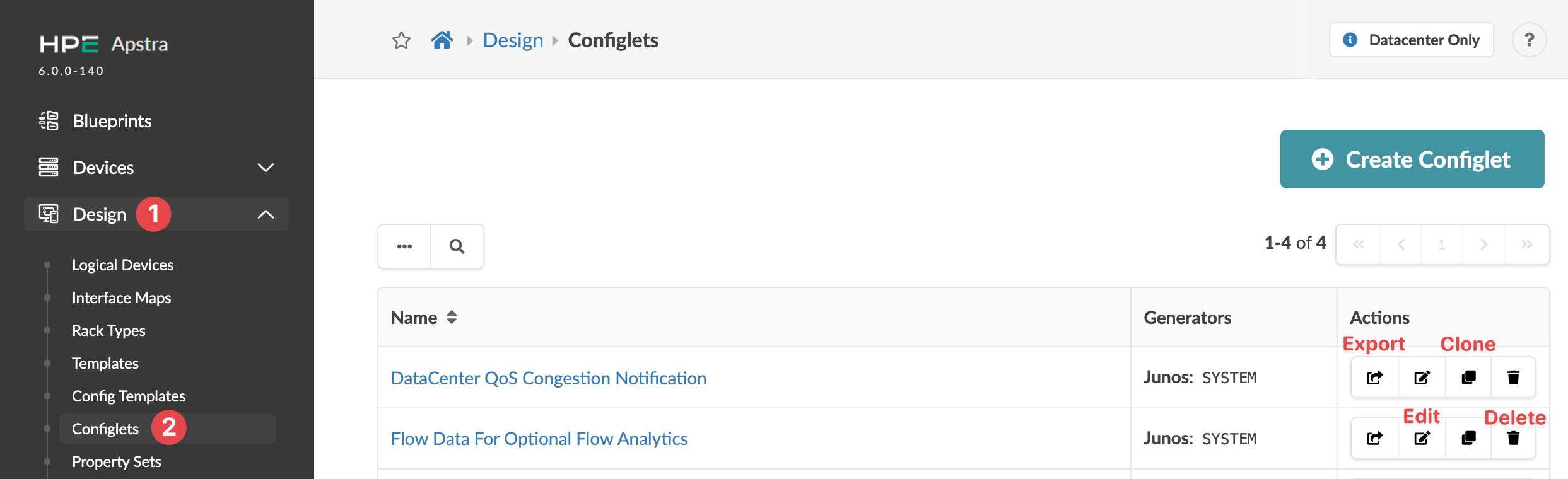 HPE Apstra interface version 6.0.0-140 in the Design section under Configlets, showing a list of configlets with options to export, clone, edit, and delete, and a Create Configlet button.