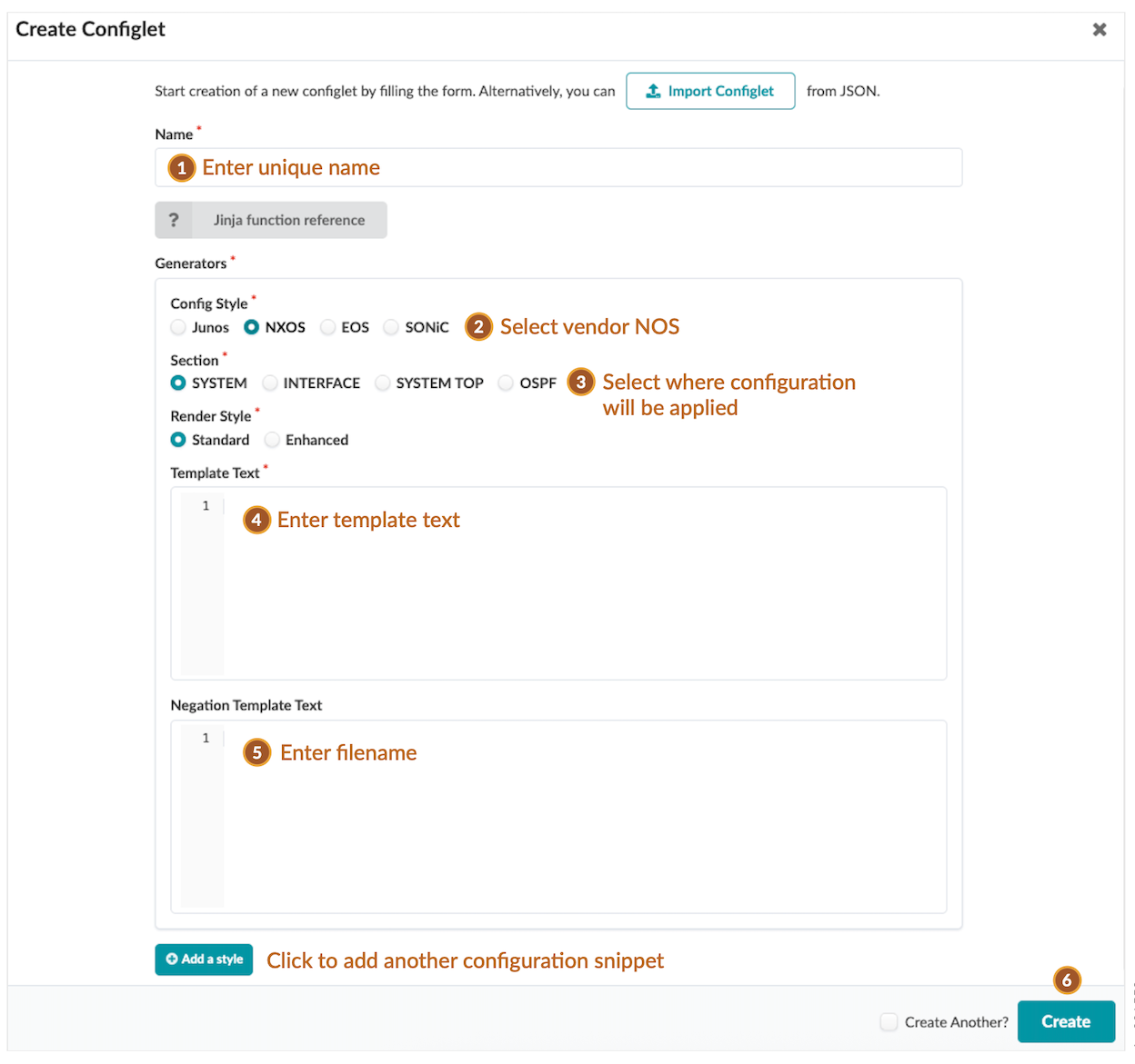 Screenshot of a Configlet creation interface for a network automation platform, with fields for name, vendor NOS selection, section selection, template text, and filename. Examples include 