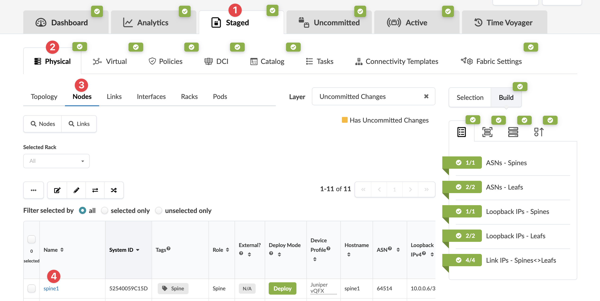 Screenshot of a network management tool interface showing top navigation tabs like Dashboard and Analytics, main menu tabs such as Physical and Virtual, and the Nodes section with detailed information on a highlighted node named spine1 including system ID, role, deploy mode, and IP addresses.