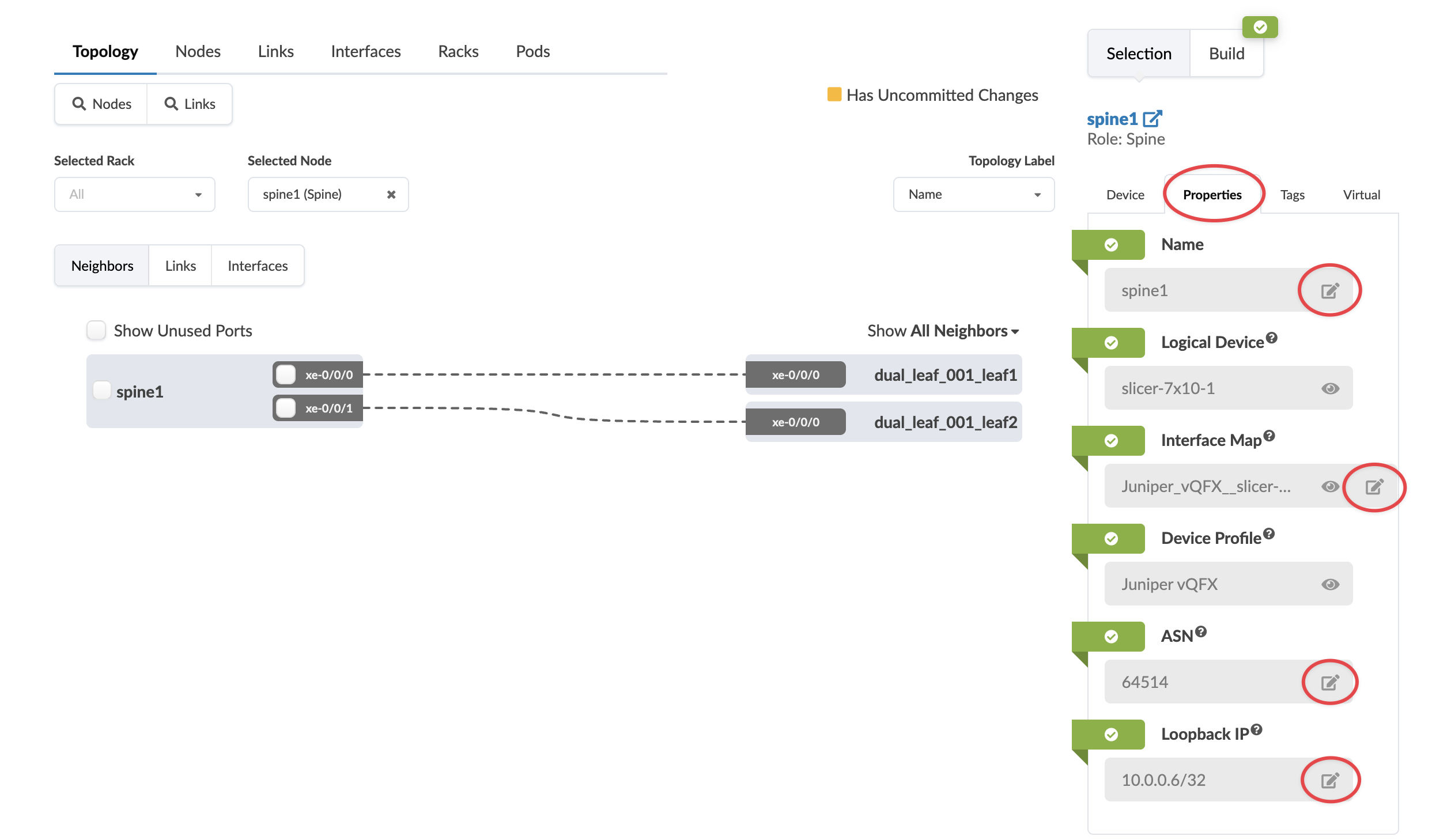 Network topology interface showing spine1 node connected to dual_leaf_001_leaf1 and dual_leaf_001_leaf2 via xe-0/0/0 and xe-0/0/1. Properties panel displays spine1 details: name spine1, logical device slicer-7x10-1, interface map Juniper_vQFX__slicer-, device profile Juniper vQFX, ASN 64514, loopback IP 10.0.0.6/32. Editable properties indicated by icons.