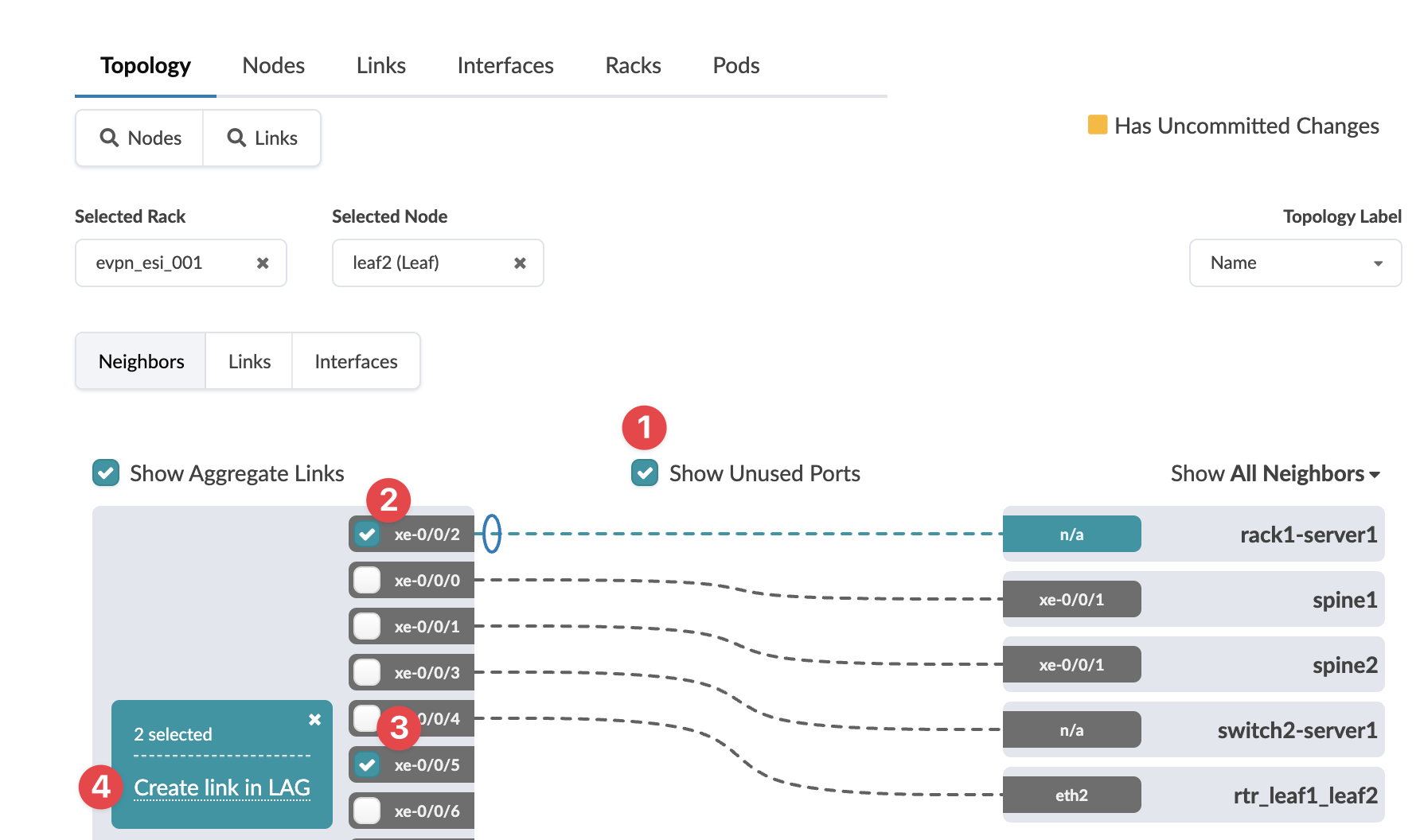 Network topology interface showing nodes, links, and interfaces. Unused ports are displayed. Interfaces xe-0/0/4 and xe-0/0/5 are selected for Link Aggregation Group creation. Focus on rack evpn_esi_001 and node leaf2. Yellow indicator for uncommitted changes.