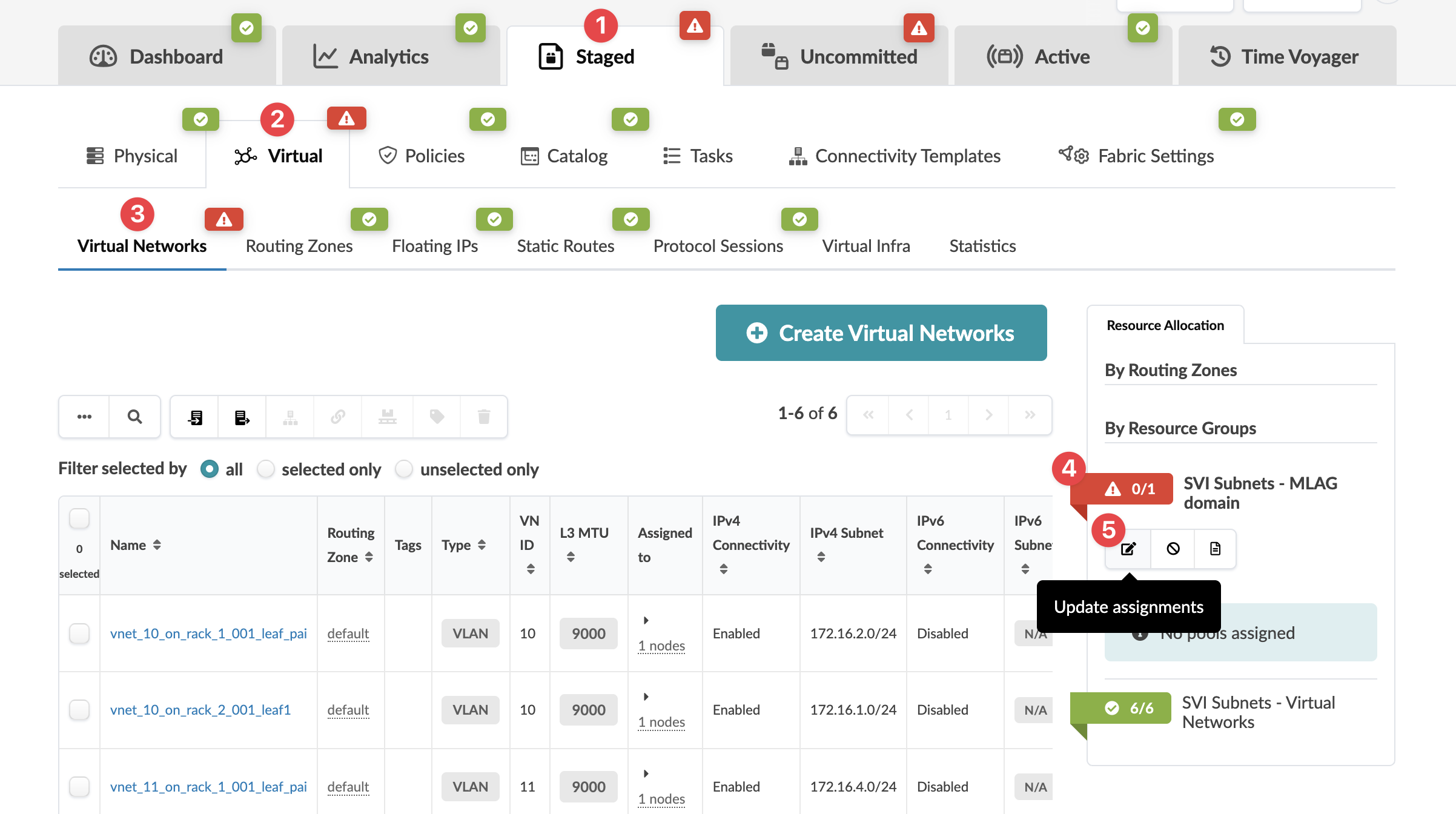 Network management UI focused on virtual networks; navigation tabs, sub-navigation menu, virtual network details like name, tags, type, resource allocation status, and create virtual networks button.
