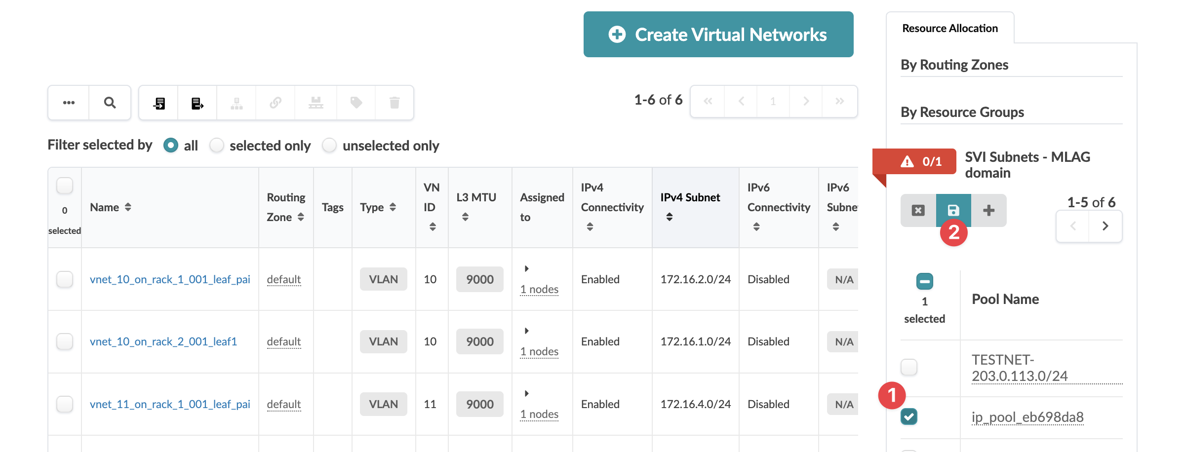 Network management interface showing a virtual network table with details like network name, routing zone, and IPv4 subnet. Resource allocation panel and pool name section are visible. Action button for creating virtual networks is at the top.