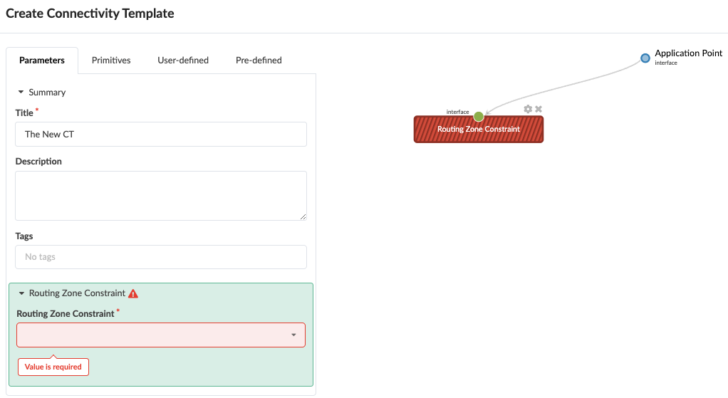 User interface for creating a Connectivity Template with fields for Parameters and Routing Zone Constraint. Error: "Value is required" in Routing Zone Constraint section. Graphical diagram shows Application Point as blue circle and Routing Zone Constraint as red rectangle with issue.
