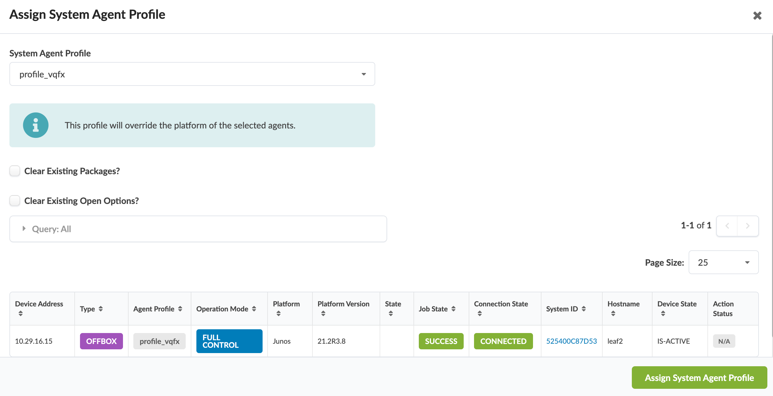 Assign System Agent Profile interface with dropdown for selecting profile, blue info box, checkboxes to clear packages and options, and device table displaying device details.