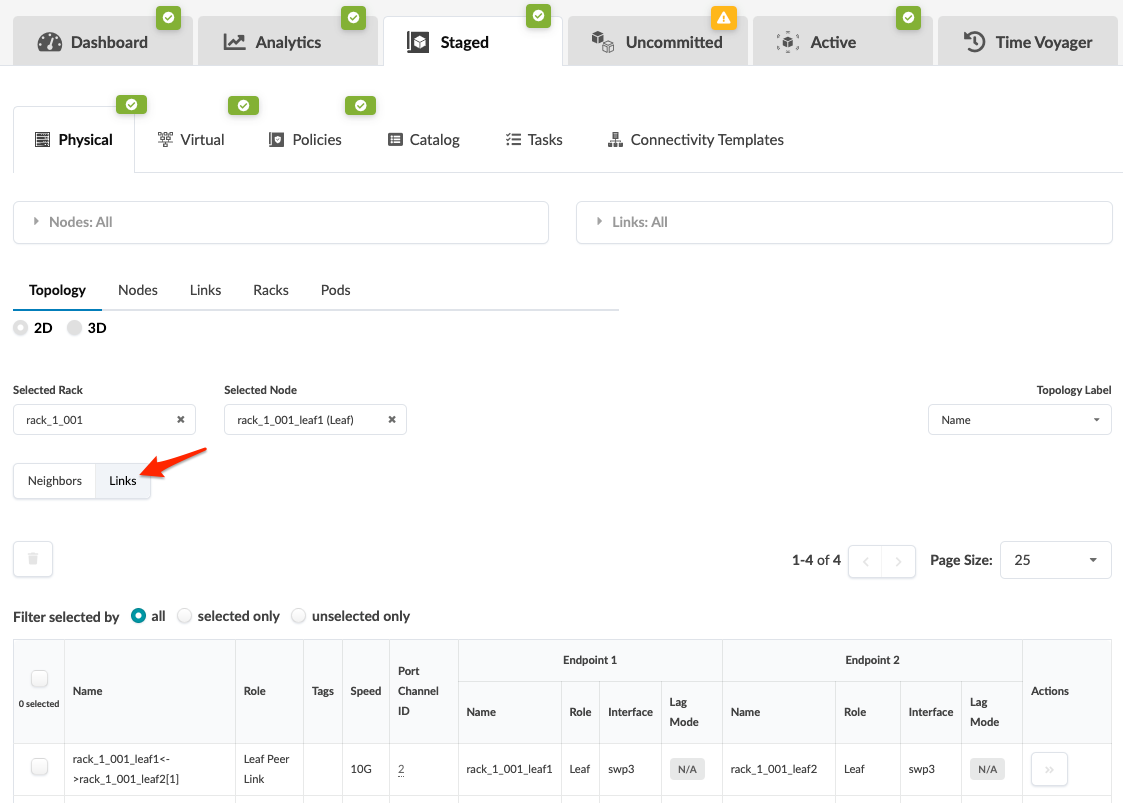 User interface for managing network topology with tabs for navigation, 2D or 3D topology view, selected rack and node details, link filters, table showing link attributes like name, role, speed, and endpoint, and actions column for operations.