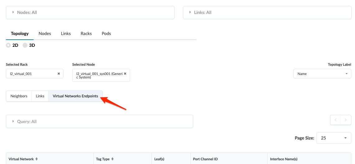 Network interface showing topology section with 2D or 3D view options. Virtual Networks Endpoints tab selected. Selected rack: l2_virtual_001. Selected node: l2_virtual_001_sys001 Generic System. Options for filtering nodes, links, and query. Page size dropdown available.