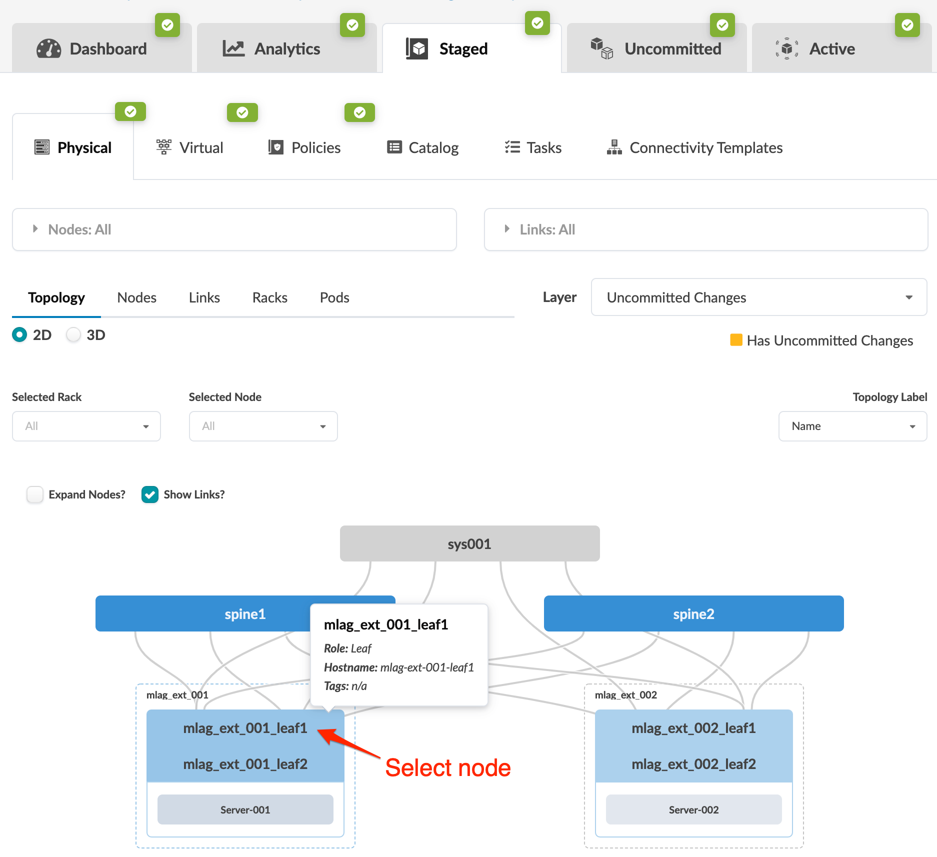 Screenshot of a network management interface displaying a 2D topology view with nodes and connections. Tabs include Dashboard, Analytics, and Active. Navigation options like Physical and Virtual are present. Highlighted node mlag_ext_001_leaf1 is shown with details. Yellow marker indicates uncommitted changes.