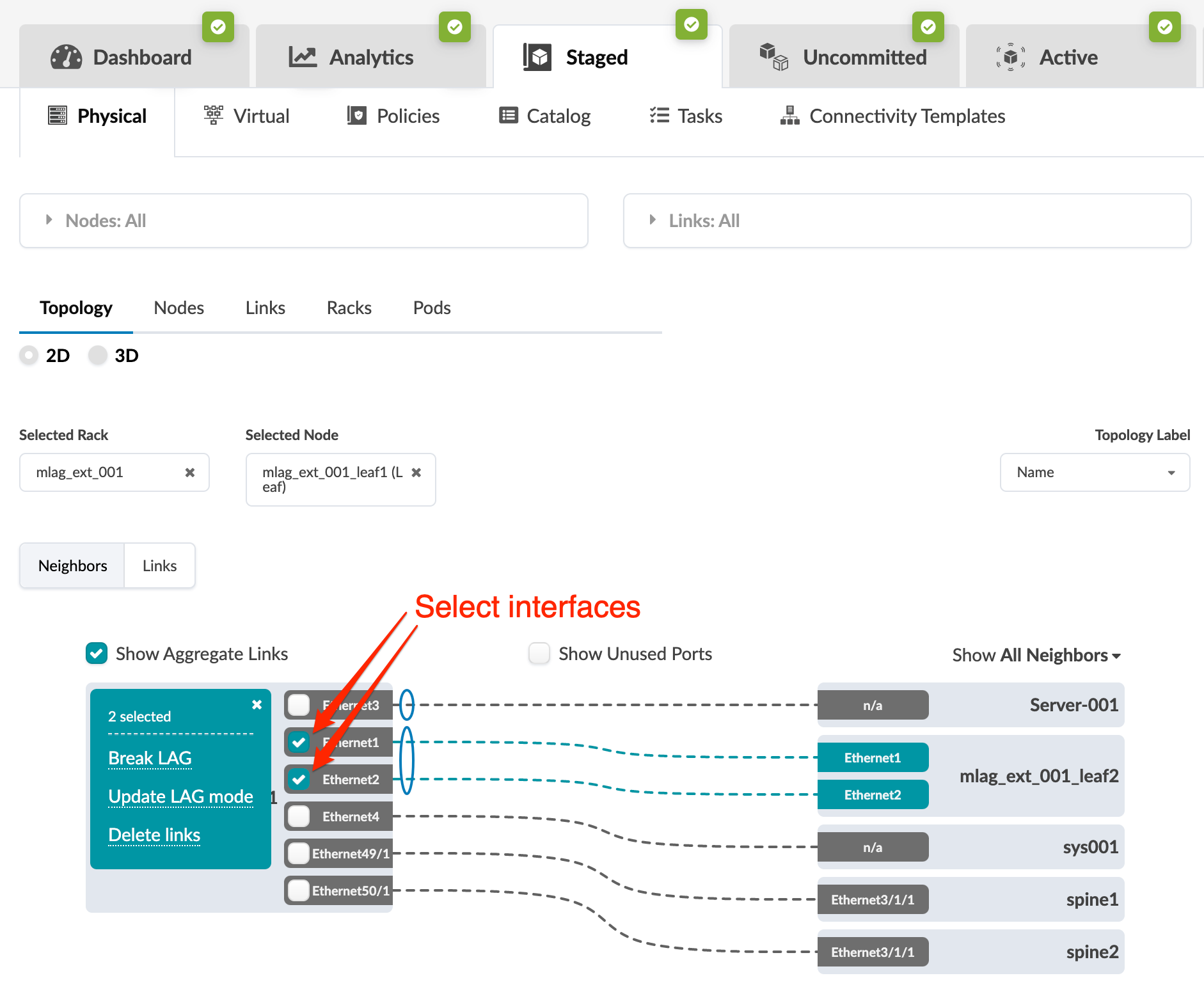 Network management interface showing tabs for Dashboard, Analytics, Staged, Uncommitted, and Active, with Physical view selected. Topology tab displays 2D and 3D options. Selected rack is mlag_ext_001 with node mlag_ext_001_leaf1 Leaf. Interfaces Ethernet1 and Ethernet2 are selected with options to Break LAG, Update LAG mode, or Delete links. Connections to neighbors Server-001, mlag_ext_001_leaf2, sys001, spine1, and spine2 are represented by dashed lines. Filters include Show Aggregate Links and Show Unused Ports. Dropdown for Show All Neighbors is visible.