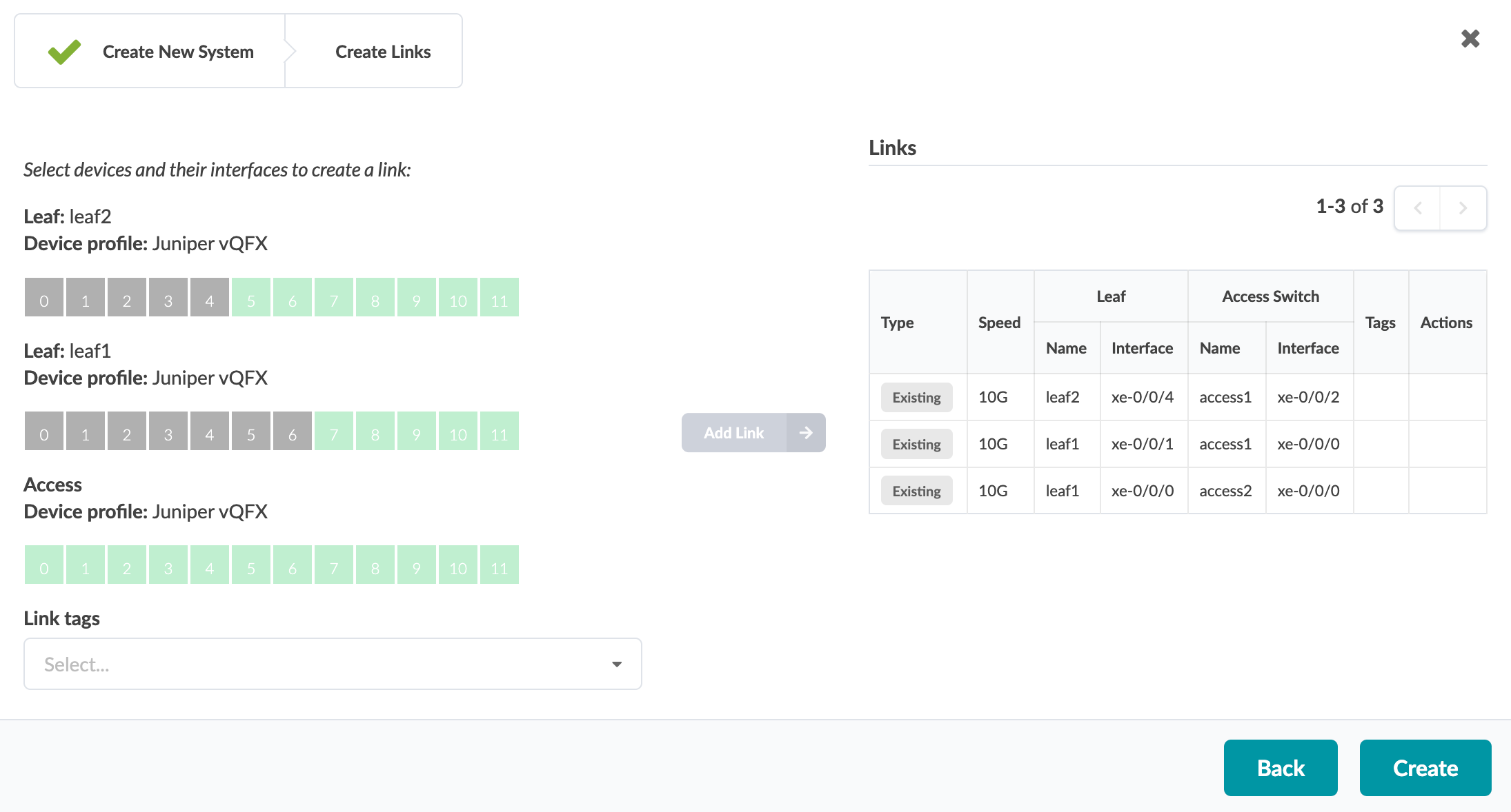 Network configuration interface showing "Create Links" step. Devices leaf2, leaf1, and access listed with Juniper vQFX profiles. Available interfaces in green. Existing 10G links table with leaf, access switch details. Add Link, Back, and Create buttons present.