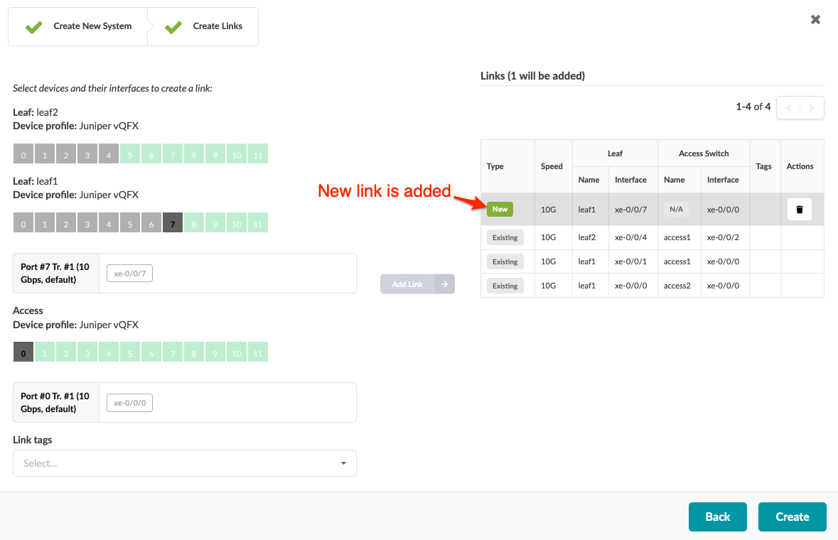 Network configuration interface showing device selection with `leaf2` and `leaf1`, port details, and a new link being added at 10G speed.