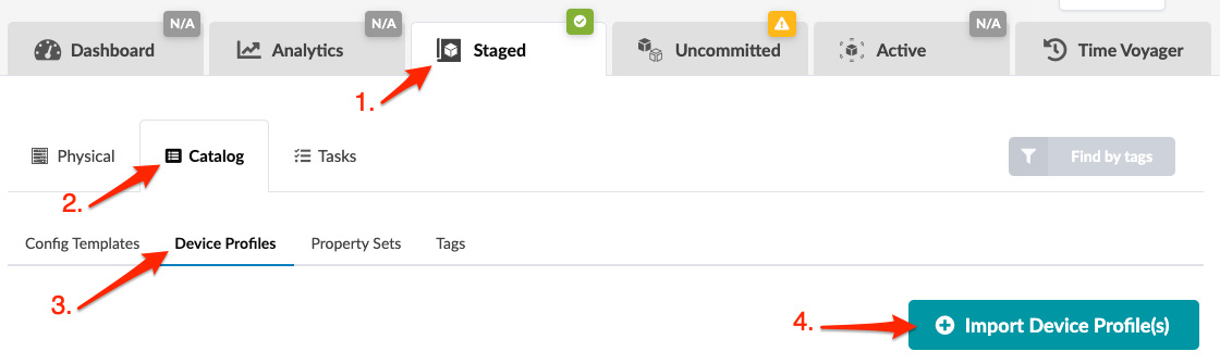 User interface showing the Staged tab with Catalog and Device Profiles active. Import Device Profile button is visible.