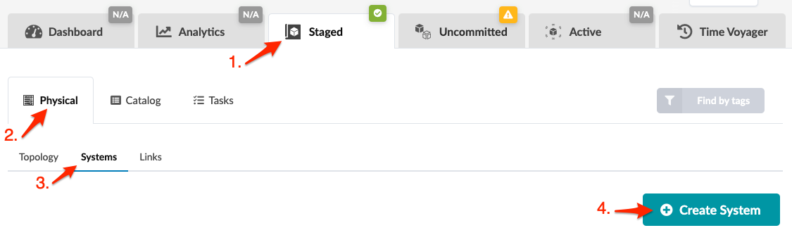 User interface screenshot showing "Staged" tab highlighted with arrow, "Physical" selected in left navigation, "Systems" selected in sub-navigation, and teal "Create System" button highlighted. Red arrows label key areas.