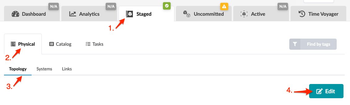 User interface screenshot showing the Staged tab and Physical view with Topology subsection selected. Edit button available.