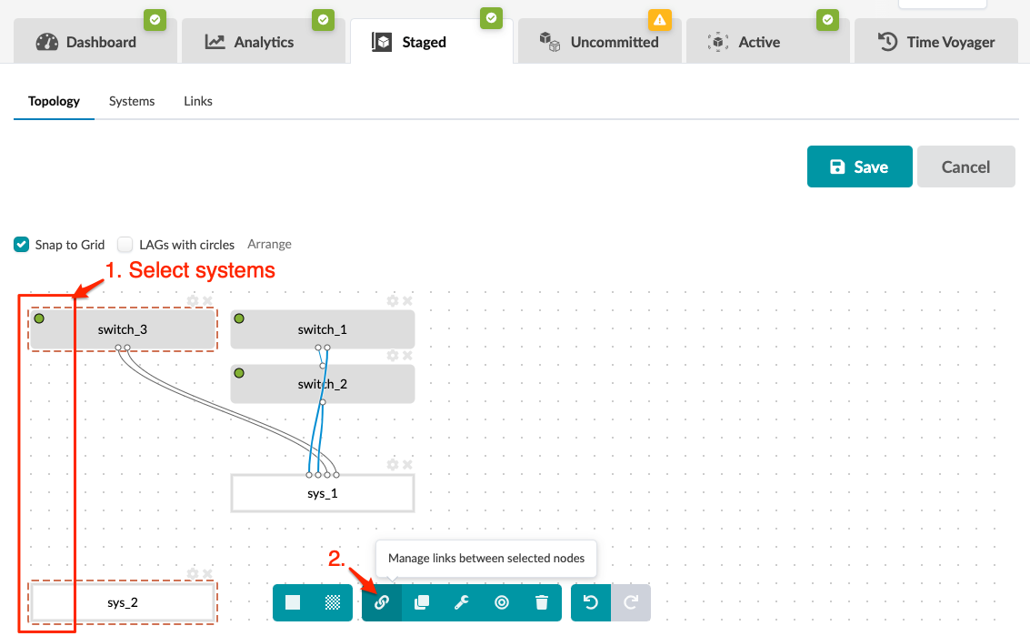 Network topology editor interface showing nodes as labeled boxes connected by links, toolbar tools for managing links, instructions for interaction, layout options like Snap to Grid, and Save or Cancel buttons.